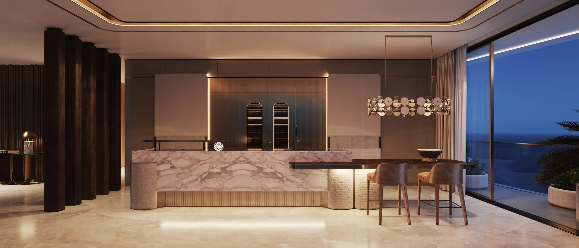 An ELIE SAAB Waterfront kitchen in stone and bronze