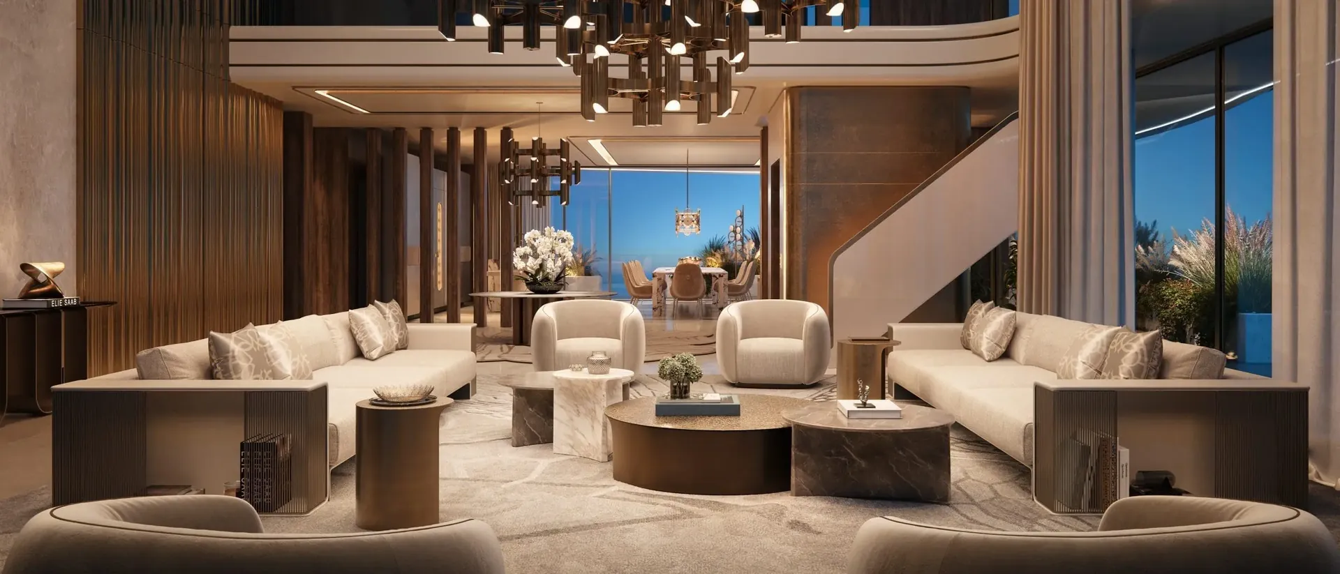 A double height living room furnished by ELIE SAAB