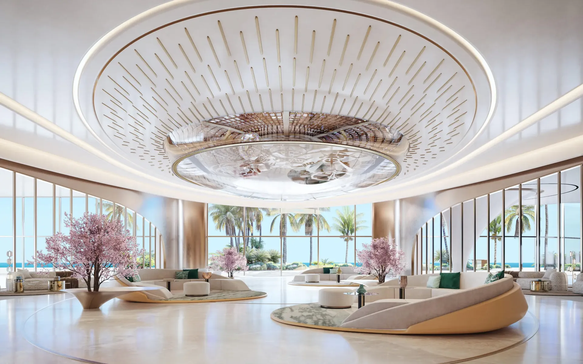 The lobby atrium with the Jacob & Co. ceiling art timepiece