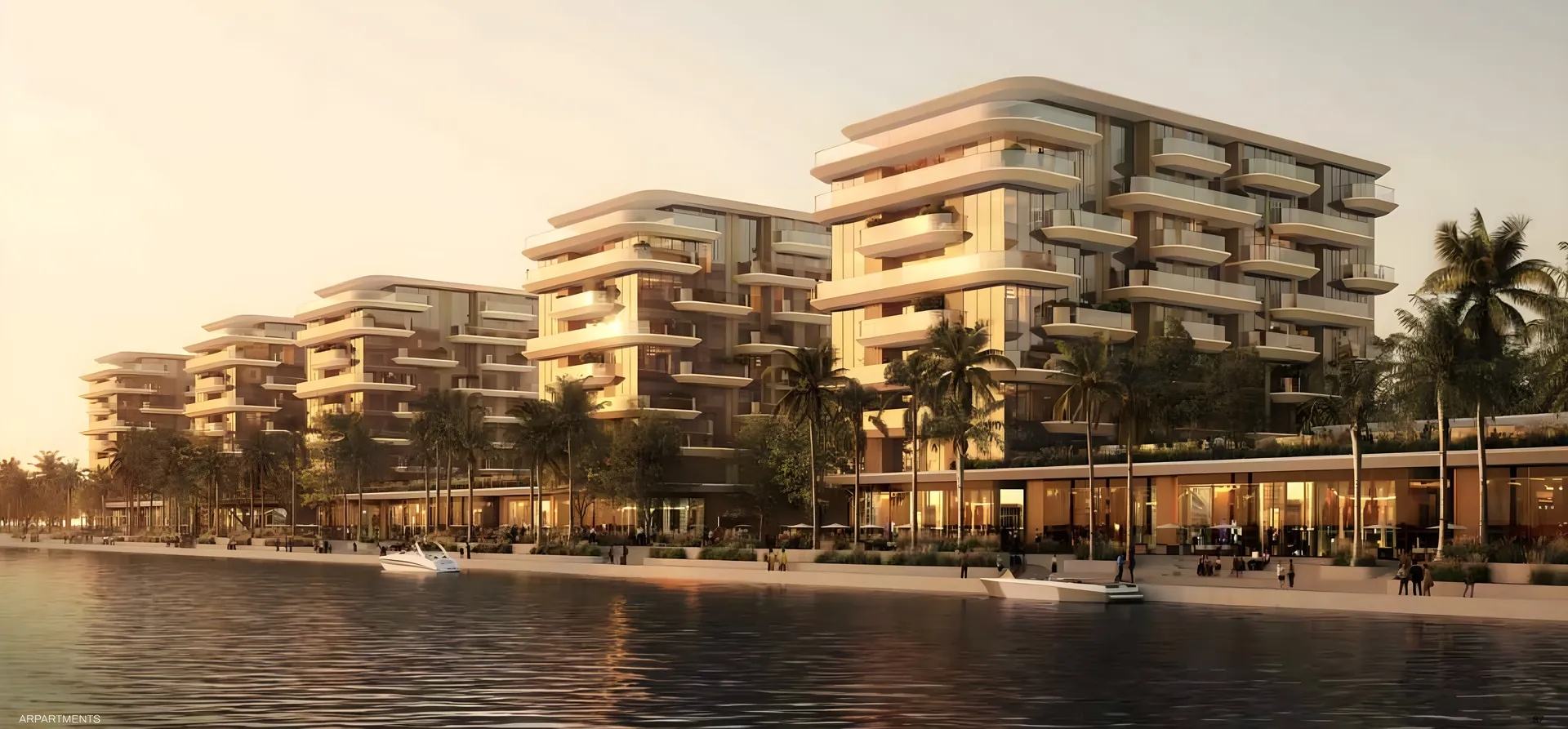 Apartment buildings on the canal at golden hour