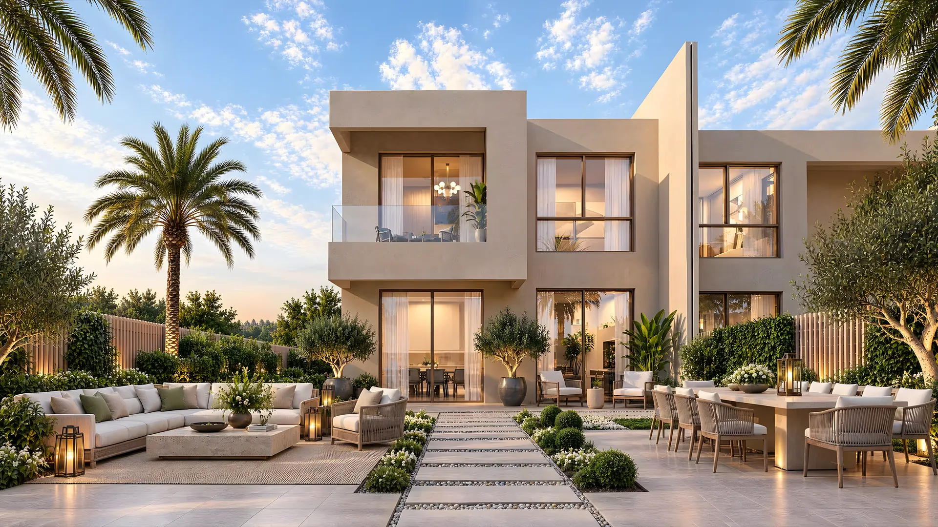Garden terrace of a new townhouse with outdoor dining and seating