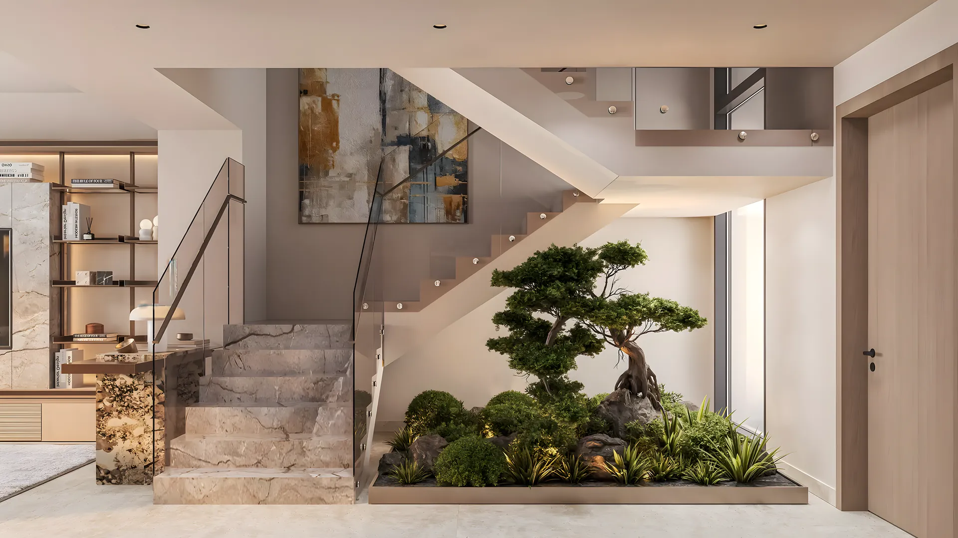 Interior of a new villa with a stone staircase and an indoor garden